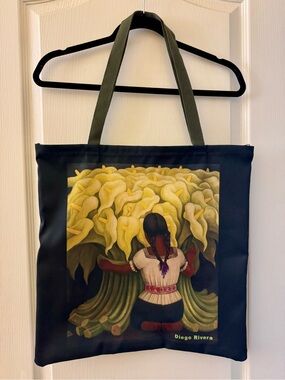 Diego Rivera Calla Lily Canvas Tote Bag - Black with Yellow Artwork (zip-top)
